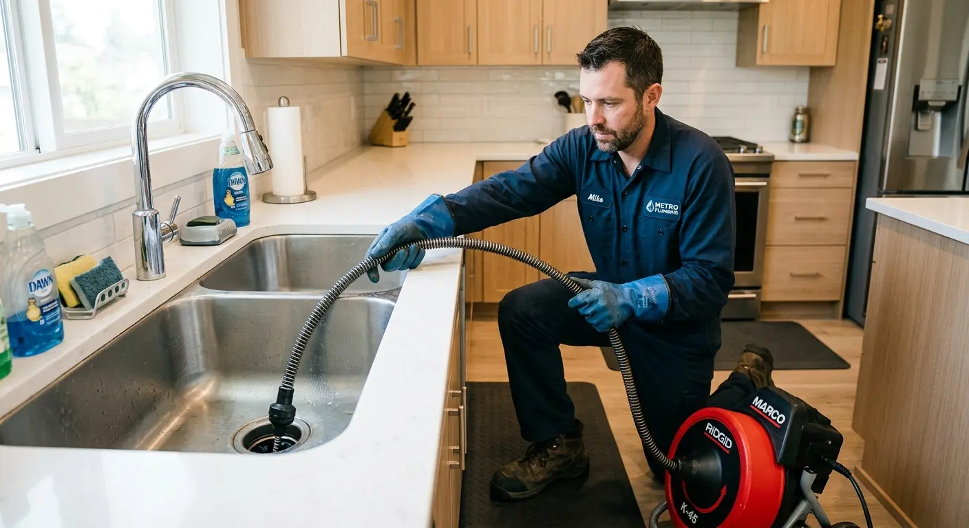 Drain cleaning technician using a motorized snake on a kitchen sink in Spanish Springs