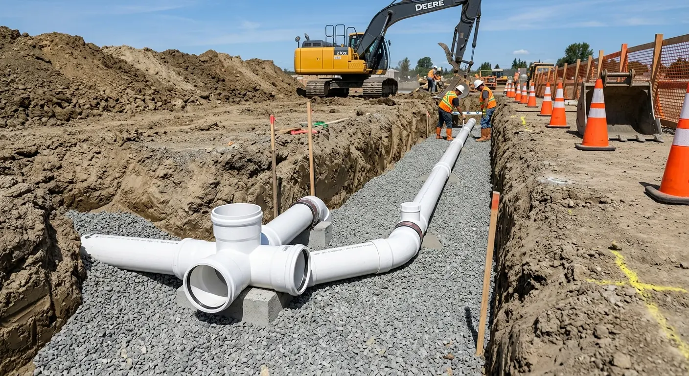 New PVC sewer pipe installation in open trench for Commercial Drain Cleaning in Spanish Springs
