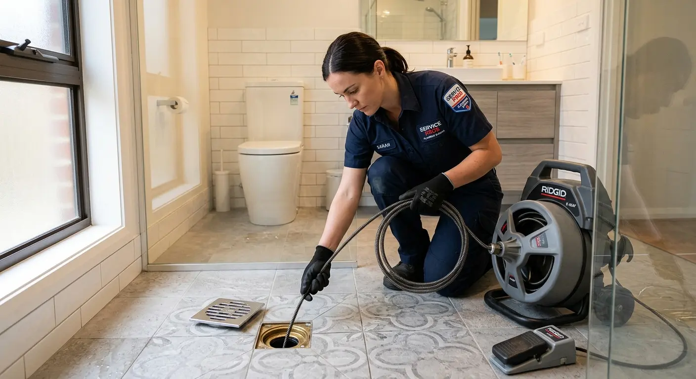 Technician clearing a bathroom floor drain for Drain Cleaning in Spanish Springs